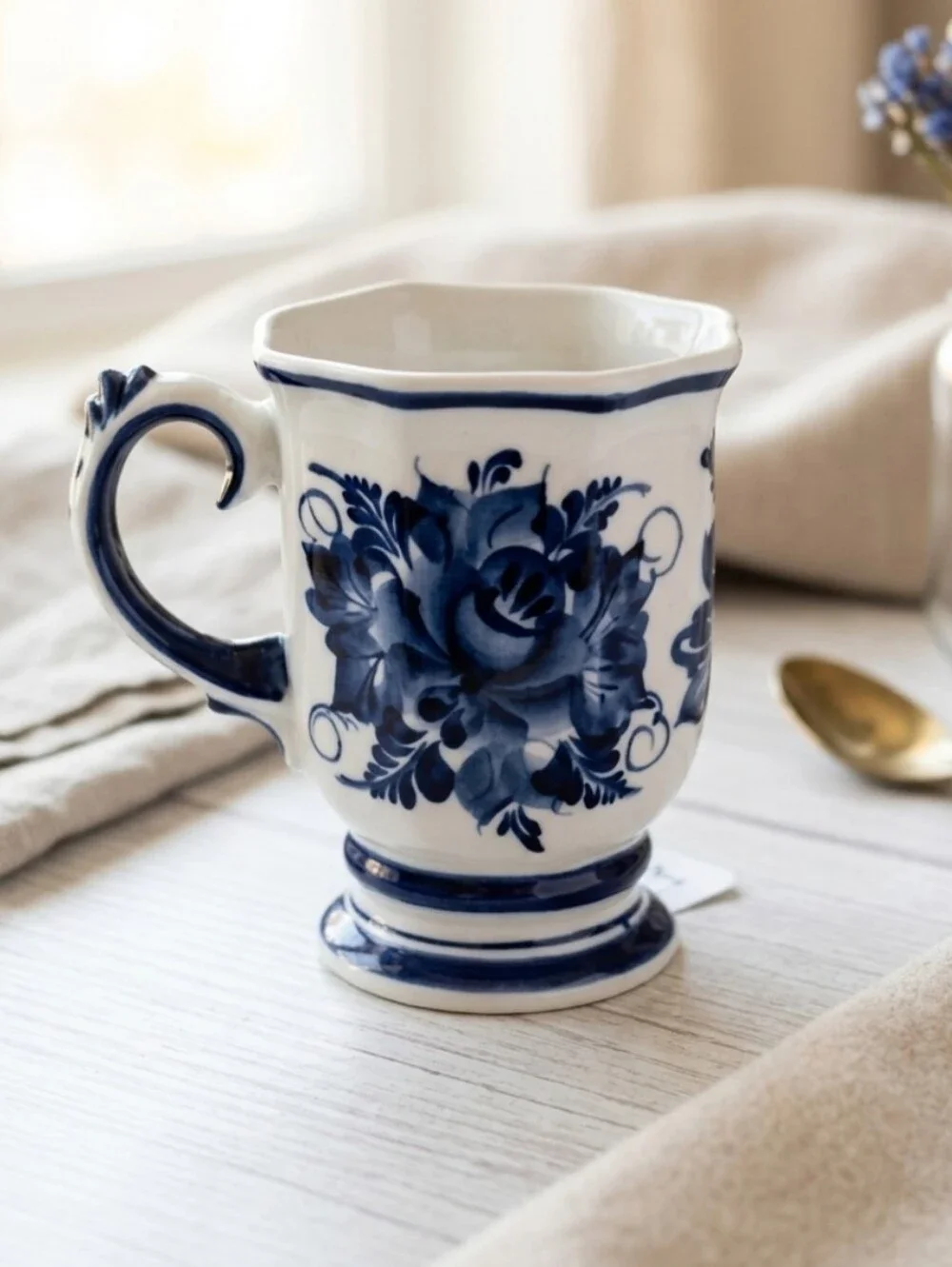 Authentic Gzhel Russian Porcelain Hand-Painted Blue Floral Tea Cup